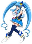  1girl absurdres bangs blue_bow blue_eyes blue_hair blue_legwear blue_skirt blue_vest bow cure_princess earrings ebura_din eyebrows_visible_through_hair floating_hair full_body hair_between_eyes hair_bow happinesscharge_precure! highres jewelry long_hair miniskirt parted_lips pleated_skirt precure shiny shiny_hair simple_background skirt solo thigh-highs twintails very_long_hair vest white_background white_footwear zettai_ryouiki 