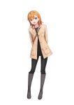  1girl :d alternate_costume arms_behind_back bangs black_footwear black_legwear black_pants blush boots brown_hair brown_jacket commentary deadnooodles eyebrows_visible_through_hair full_body hair_between_eyes hands_in_pockets highres jacket knee_boots long_hair looking_at_viewer love_live! love_live!_superstar!! medium_hair open_mouth orange_hair pants shibuya_kanon shirt simple_background smile solo standing symbol-only_commentary teeth upper_teeth violet_eyes white_background 