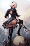  back_cutout black_dress black_hairband blue_eyes boots clothing_cutout dress feather-trimmed_sleeves hairband high_heel_boots high_heels juliet_sleeves justin_paul leotard long_sleeves nier_(series) nier_automata no_blindfold puffy_sleeves silver_hair thigh-highs thigh_boots thighhighs_under_boots white_leotard yorha_no._2_type_b 