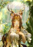  1girl animal_ears bangs bare_shoulders breasts brown_hair closed_mouth commentary_request dress eyebrows_visible_through_hair flower green_eyes hair_flower hair_ornament hand_up holding horns instagram_username long_hair medium_breasts original pixiv_id say_hana signature sleeveless sleeveless_dress smile solo twitter_username upper_body very_long_hair white_dress white_flower 