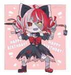  1girl ahoge bangs commentary english_commentary eyebrows_visible_through_hair full_body happy_birthday heterochromia hololive hololive_indonesia kukie-nyan kureiji_ollie looking_at_viewer multicolored_hair open_mouth red_eyes redhead solo sword torn_clothes twitter_username udin_(kureiji_ollie) virtual_youtuber weapon zombie 