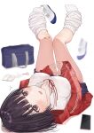 bag bandaid black_hair blurry blurry_background book breasts brown_eyes eyebrows_visible_through_hair hand_on_thigh hands_on_thighs highres jacket leg_warmers legs_up looking_at_viewer lying on_back original phone red_jacket scissors shirt shoes shoes_removed short_hair socks uiri-na white_background white_shirt 