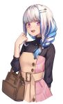  1girl :d arm_behind_back bag bangs black_sweater blue_hair blush brown_dress commentary_request dress eyebrows_visible_through_hair hair_ornament hair_over_shoulder hairclip hand_up highres jewelry lize_helesta long_hair long_sleeves looking_at_viewer multicolored_hair necklace nijisanji open_mouth silver_hair simple_background smile solo sooon sweater teeth turtleneck turtleneck_sweater two-tone_hair upper_body upper_teeth violet_eyes virtual_youtuber white_background 