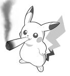 :3 artsy-rc commentary english_commentary greyscale hands_on_hips highres joint_(drug) looking_at_viewer monochrome mouth_hold no_humans parody pikachu pokemon pokemon_(creature) simple_background smile smoke smoking solo standing white_background 