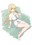  1girl absurdres baffu bangs barefoot blonde_hair blush breasts chest_jewel clothes_writing couch earrings eating food highres jewelry large_breasts legs long_hair looking_at_viewer mythra_(xenoblade) shirt short_sleeves sidelocks sitting solo swept_bangs translated white_shirt xenoblade_chronicles_(series) xenoblade_chronicles_2 yellow_eyes 