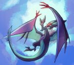  colored_sclera commentary_request fangs flying full_body fusenryo green_sclera highres looking_up no_humans noivern open_mouth pokemon pokemon_(creature) solo yellow_eyes 