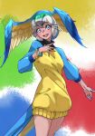  1girl :d bangs bird_tail bird_wings blue-and-yellow_macaw_(kemono_friends) blue_eyes blue_hair blue_sweater commentary eyebrows_visible_through_hair green_hair grey_hair hand_on_own_chest head_wings highres kemono_friends long_sleeves looking_at_viewer multicolored multicolored_background multicolored_hair multicolored_wings open_mouth short_hair simple_background smile solo spread_wings sweater tail tanabe_(fueisei) turtleneck turtleneck_sweater two-tone_sweater white_hair wings yellow_sweater 