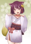  1girl :d ahoge animal_ears bell blush bow cat_ears cowboy_shot fang fox_tail green_background grey_kimono hair_bell hair_ornament hands_up head_tilt japanese_clothes jingle_bell kimono kozue_akari long_sleeves looking_at_viewer medium_hair obi open_mouth original purple_hair red_bow red_eyes sash sleeves_past_wrists slit_pupils smile solo standing tail 