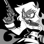  1girl belt buttons colored_skin commentary demon demon_horns demon_tail double-breasted greyscale grin gun handgun holding holding_gun holding_weapon horns jacket long_hair long_sleeves monochrome open_mouth panty_&amp;_stocking_with_garterbelt pistol scanty_(psg) simple_background smile solo tail teeth vanripper weapon 