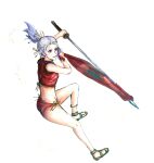  1girl adapted_costume alternate_costume alternate_hairstyle ass attack bikini edelgard_von_hresvelg fire_emblem fire_emblem:_three_houses fire_emblem_heroes flag hair_ribbon intelligent_systems katana kojika long_hair nintendo open_mouth ponytail ribbon sandals simple_background smile solo sparkle summer super_smash_bros. swimsuit unofficial upper_teeth violet_eyes weapon white_background white_hair 