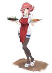  1girl absurdres alternate_costume apron azurda_(xenoblade) baffu bangs black_legwear breasts chest_jewel denim denim_shorts earrings eyebrows_visible_through_hair food gem highres holding holding_plate jewelry large_breasts looking_at_viewer pantyhose plate pyra_(xenoblade) red_apron red_eyes redhead shirt short_hair shorts sidelocks simple_background slippers solo white_shirt xenoblade_chronicles_(series) xenoblade_chronicles_2 