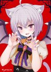  1girl :3 ahoge animal_ear_fluff animal_ears bakko bangs bat_wings black_choker blue_hair blush bow cat_ears cat_girl cat_tail center_frills choker claw_pose colored_inner_hair commentary_request eyebrows_visible_through_hair fangs fingernails frills hair_between_eyes highres hololive long_hair looking_at_viewer multicolored_hair nail_polish nekomata_okayu open_mouth puffy_short_sleeves puffy_sleeves purple_bow purple_hair purple_nails red_background red_eyes sharp_fingernails shirt short_sleeves solo tail upper_body virtual_youtuber white_shirt wings 
