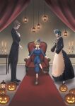  1girl 2boys absurdres aqua_(kingdom_hearts) blonde_hair blue_eyes blue_hair brown_hair chair closed_mouth formal gloves halloween highres kingdom_hearts kingdom_hearts_birth_by_sleep multiple_boys pumpkin short_hair smile suit terra_(kingdom_hearts) ventus_(kingdom_hearts) yayokichi3 