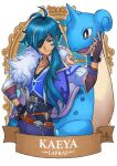  1boy bangs banner belt blue_hair brown_gloves character_name commentary crossover english_commentary eyebrows_visible_through_hair eyepatch fingerless_gloves fur_scarf genshin_impact gloves grey_eyes hair_between_eyes kaeya_(genshin_impact) lapras long_hair long_sleeves looking_at_viewer pokemon pokemon_(creature) ry-spirit sidelocks vision_(genshin_impact) 