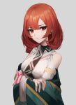  1girl black_survival breasts earrings highres jewelry looking_at_viewer mea_(hwaksal) medium_breasts medium_hair nose open_mouth orange_eyes orange_hair simple_background solo tran_quynh_mai upper_body white_background 