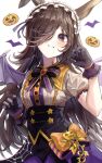  1girl absurdres animal_ears bat_wings black_bow black_neckwear bow bowtie brown_hair gloves hair_ornament halloween_costume hand_up headdress highres horse_ears jack-o&#039;-lantern lisi long_hair looking_at_viewer make_up_in_halloween!_(umamusume) parted_lips pumpkin purple_bow purple_gloves purple_neckwear rice_shower_(umamusume) shirt simple_background solo striped striped_bow umamusume upper_body violet_eyes white_background white_shirt wings 