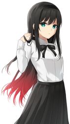  1girl absurdres aqua_eyes black_hair black_skirt gradient_hair highres long_hair long_skirt long_sleeves multicolored_hair pleated_skirt redhead shirt sidelocks skirt solo taruton_(konritu0821) tohno_akiha tsukihime tsukihime_(remake) white_shirt 