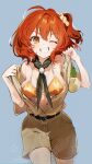  1girl ;d bare_shoulders belt bikini bikini_under_clothes blush breasts fate/grand_order fate_(series) fujimaru_ritsuka_(female) galibo grey_background hair_between_eyes highres looking_at_viewer medium_breasts neckerchief one_eye_closed open_mouth orange_bikini orange_eyes orange_hair short_hair shorts side_ponytail smile solo swimsuit tan_shirt torn_clothes torn_shorts undressing 