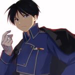  1boy absurdres aiguillette alternate_eye_color amestris_military_uniform arm_at_side black_coat black_hair blue_jacket buttons closed_mouth coat coat_on_shoulders collared_jacket double-breasted expressionless facing_viewer fingers_together fullmetal_alchemist gloves grey_eyes hair_strand hand_on_hip hand_up highres jacket looking_to_the_side magic_circle male_focus military_jacket open_clothes open_coat roy_mustang sasayumi_tsubaki sidelighting sideways_glance simple_background spiky_hair tsurime uniform upper_body white_background white_gloves 