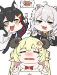  +_+ 3girls :3 :d =_= ahoge animal_ears black_hair blonde_hair blush boned_meat bow bowtie braid fang food fork grey_eyes grey_hair hair_ornament hairclip hands_up highres holding holding_fork hololive horns imminent_cannibalism lion_ears long_hair long_sleeves looking_at_viewer meat mikan_(chipstar182) mouth_drool multicolored_hair multiple_girls nose_blush ookami_mio open_mouth orange_eyes red_bow red_neckwear sheep_ears sheep_horns shishiro_botan simple_background smile spoken_symbol streaked_hair tearing_up tears tsunomaki_watame v-shaped_eyebrows virtual_youtuber wavy_mouth white_background wolf_ears 