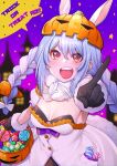  1girl :d basket black_bra black_gloves blue_hair blurry blurry_background bra braid breasts bunny-shaped_pupils candy commentary depth_of_field don-chan_(usada_pekora) dress ears_through_headwear english_commentary food fur-trimmed_gloves fur_trim gloves hair_between_eyes halloween halloween_bucket highres holding holding_basket hololive jack-o&#039;-lantern looking_at_viewer medium_breasts mikan_(chipstar182) multicolored_hair night night_sky open_mouth pointing pointing_at_viewer pumpkin_on_head red_eyes short_eyebrows sky smile solo star_(symbol) symbol-shaped_pupils teeth trick_or_treat twin_braids two-tone_hair underwear upper_teeth usada_pekora white_dress white_hair 