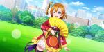  blue_eyes blush dress kousaka_honoka love_live!_school_idol_festival_all_stars orange_hair short_hair smile wink yukata 