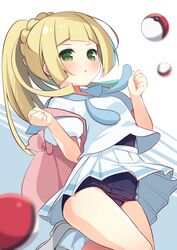  1girl bag bangs black_swimsuit blonde_hair blue_legwear blush braid chestnut_mouth green_eyes grey_footwear hanamiya_natsuka hands_up lillie_(pokemon) loafers long_hair old_school_swimsuit one-piece_swimsuit parted_lips pleated_skirt poke_ball poke_ball_(basic) pokemon pokemon_(game) pokemon_sm ponytail puffy_short_sleeves puffy_sleeves school_swimsuit shirt shoes short_sleeves skirt socks solo swimsuit swimsuit_under_clothes white_shirt white_skirt 