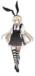 1girl absurdres alternate_costume black_dress black_hairband blonde_hair commentary_request dress frilled_dress frills full_body grey_eyes hairband highres kantai_collection long_hair looking_at_viewer shimakaze_(kancolle) shirt simple_background solo striped striped_legwear thigh-highs white_background white_shirt yunamaro 