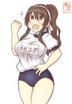  1girl arm_up artist_logo ashigara_(kancolle) blue_pants blush brown_eyes brown_hair commentary_request dated eyebrows_visible_through_hair fang gym_shirt gym_shorts hairband kanon_(kurogane_knights) kantai_collection katakana long_hair one-hour_drawing_challenge open_mouth pants ponytail shirt shorts simple_background smile solo sparkle white_background white_hairband white_shirt 