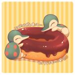  border chocolate closed_eyes commentary_request cyndaquil doughnut food holding holding_food lowres no_humans pokemon pokemon_(creature) shiny striped striped_background translation_request white_border xichii 