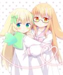  2girls :o animal_ears bangs black-framed_eyewear blonde_hair blush bow brown_eyes closed_mouth commentary_request commission dress eyebrows_visible_through_hair glasses green_eyes green_sailor_collar hair_between_eyes heart holding_hands interlocked_fingers long_sleeves looking_at_viewer looking_back multicolored_hair multiple_girls nakkar original parted_lips pink_bow pink_hair pink_sailor_collar polka_dot polka_dot_background puffy_long_sleeves puffy_sleeves sailor_collar sailor_dress semi-rimless_eyewear skeb_commission sleeves_past_wrists streaked_hair twitter_username under-rim_eyewear white_background white_dress 