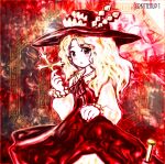  1girl ancient blush cross dolls_in_pseudo_paradise dress eyebrows_visible_through_hair frilled_hat frills hat hat_feather holding holding_clothes holding_cross holding_dress jacket_girl_(dipp) kittenup long_sleeves medium_hair open_mouth ribbon shirt touhou white_shirt 