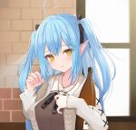  1girl blue_hair bottle brick_wall hair_ornament head_tilt highres hololive jewelry looking_at_viewer necklace pointy_ears rurua snowflake_hair_ornament solo twintails upper_body virtual_youtuber window yellow_eyes yukihana_lamy 