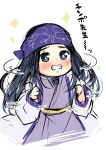  +_+ 1girl ainu ainu_clothes asirpa bangs black_eyes black_hair blush clenched_teeth cropped_torso golden_kamuy hanamiya_natsuka hands_up japanese_clothes kimono long_hair parted_bangs purple_kimono simple_background sketch solo sparkle teeth translation_request upper_body white_background 