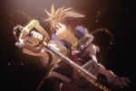  1boy belt blurry crown_(symbol) dark_background depth_of_field fingerless_gloves gloves highres hood hoodie jewelry keyblade kingdom_hearts kingdom_key looking_to_the_side loose_belt necklace open_clothes open_hoodie smile solo sora_(kingdom_hearts) sparkle spiky_hair tsu-an upper_body zipper 