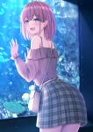  1girl aquarium ass bangs bare_shoulders blue_eyes blush breasts brown_hair brown_shirt fish fish_tank grey_skirt highres large_breasts long_sleeves looking_at_viewer looking_back monaka_curl open_mouth original plaid plaid_skirt shirt skirt smile solo 