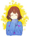  1other bangs blue_sweater brown_hair closed_eyes closed_mouth facing_viewer flower frisk_(undertale) korean_text medium_hair nenne_02 sidelocks sleeves_past_fingers sleeves_past_wrists smile solo source_request striped striped_sweater sweater undertale upper_body yellow_flower 