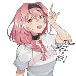  1girl alternate_costume animal_ears arknights artist_name bangs black_choker black_hairband choker commentary_request d-e-t-c-a-d-e-r dog_ears eyebrows_visible_through_hair hair_between_eyes hairband highres long_hair looking_at_viewer open_mouth orange_eyes pink-haired_perro_(arknights) pink_hair shirt short_sleeves simple_background solo upper_body white_background white_shirt 