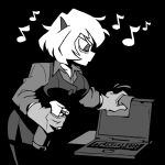  1girl bangs black_background bottle breasts cleaning closed_mouth computer cowboy_shot demon_girl demon_horns eighth_note gloves greyscale helltaker holding holding_bottle horns laptop large_breasts long_sleeves malina_(helltaker) monochrome musical_note pantyhose shirt solo vanripper vest 