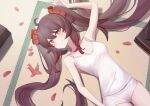  1girl absurdres arm_up blush breasts brown_hair casual flower genshin_impact highres hu_tao_(genshin_impact) lingwuye long_hair looking_at_viewer lying on_back on_floor origami paper_crane petals plum_blossoms red_eyes small_breasts smile twintails very_long_hair 