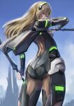  1girl armor arms_at_sides ass bangs black_cape black_gloves blonde_hair breasts cape feet_out_of_frame fingerless_gloves from_below gloves hair_ornament highres long_hair looking_at_viewer looking_back mannon_(pso2) phantasy_star phantasy_star_online_2 sakazuki_sudama shoulder_armor sideways_glance solo spikes 