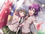 2girls asahi_rokka bang_dream! blue_hair blush dress glasses green_eyes long_hair official_art school_uniform seta_kaoru smile sparkle