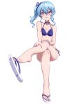  1girl :q bangs bare_arms bare_legs bare_shoulders bikini blue_bikini blue_choker blue_eyes blue_hair blue_nails breasts choker collarbone commentary crossed_legs eyebrows_visible_through_hair feet flip-flops hair_between_eyes hand_on_own_knee hand_on_own_leg highres hololive hoshimachi_suisei licking_lips long_hair nail_polish p-nekoe sandals shoe_dangle side-tie_bikini side_ponytail simple_background sitting small_breasts solo star_(symbol) star_in_eye swimsuit symbol_in_eye toenail_polish toenails toes tongue tongue_out virtual_youtuber white_background 