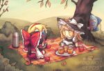 4girls alice_margatroid autumn autumn_leaves blonde_hair blue_eyes blue_hair bow braid branch brown_hair bush chibi cirno comedy cup detached_sleeves food full_body fumo_(doll) grass hair_bow hair_ribbon hair_tubes hairband hakurei_reimu hat ice ice_wings kirisame_marisa leaf long_sleeves muffin multiple_girls nontraditional_miko peeking plate puffy_short_sleeves puffy_sleeves red_bow ribbon ribbon-trimmed_sleeves ribbon_trim seiza short_hair short_sleeves single_braid sitting skullchimes tea teacup thermos touhou tree twitter_username v-shaped_eyebrows watermark wide_sleeves wings witch_hat yellow_eyes