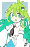  1girl :d ahoge bangs black_neckwear border commentary detached_sleeves eyebrows_visible_through_hair frog_hair_ornament green_eyes green_hair grey_background hair_ornament hair_tubes highres ini_(inunabe00) kochiya_sanae looking_at_viewer necktie open_mouth simple_background smile snake_hair_ornament touhou white_border wide_sleeves 