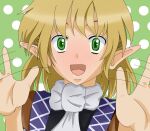  1girl :d bangs black_shirt blonde_hair blush brown_jacket commentary_request green_background green_eyes half_updo jacket komachi_fumi_(force333) looking_at_viewer mizuhashi_parsee motion_lines multicolored multicolored_clothes multicolored_jacket open_mouth pointy_ears polka_dot polka_dot_background sash shirt short_hair smile solo touhou upper_body white_sash wide-eyed 
