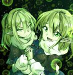  2girls arm_warmers bangs blonde_hair blue_skirt braid breasts brown_shirt dual_persona eyebrows_visible_through_hair french_braid frown green_eyes green_theme hair_between_eyes interlocked_fingers layered_clothing looking_at_another looking_up medium_breasts medium_hair mizuhashi_parsee motion_blur multiple_girls open_mouth pointy_ears ponytail scarf shiny shiny_hair shirt short_hair short_sleeves sidelocks skirt smile snowing sparkle sunyup touhou white_scarf 