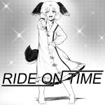  1980s_(style) 1girl animal_ears bare_legs barefoot dog_ears dog_tail dress eyebrows_visible_through_hair frilled_dress frills full_body greyscale highres kasodani_kyouko long_sleeves looking_at_viewer monochrome one_eye_closed open_mouth retro_artstyle short_hair step_arts tail touhou 