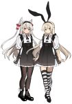  2girls absurdres alternate_costume amatsukaze_(kancolle) black_dress black_footwear black_hairband black_legwear blonde_hair borrowed_character dress full_body grey_eyes hair_tubes hairband highres kantai_collection long_hair long_sleeves looking_at_viewer mary_janes multiple_girls pantyhose shimakaze_(kancolle) shirt shoes silver_hair simple_background striped striped_legwear thigh-highs two_side_up white_background white_shirt windsock yunamaro 