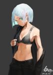  1girl absurdres aqua_eyes bare_shoulders belt blue_hair bra closed_mouth collarbone dated grey_background grey_bra highres light_blue_hair linween looking_at_viewer navel original painterly short_hair signature simple_background single_bare_shoulder solo underwear 